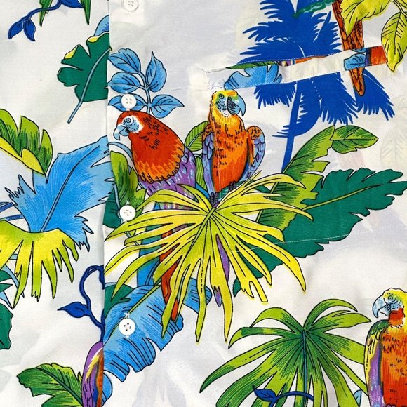 Rima Shirt Men XL Parrot Tropical White Blue Button Front Hawaiian Palm Tree - Picture 2 of 9